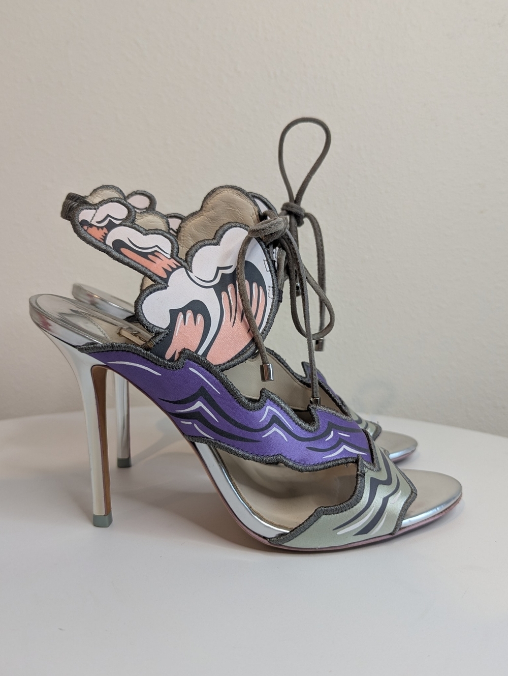 Sophia Webster Silver Purple Cartoon Print Peep Toe Stiletto Sandals Sz 38.5